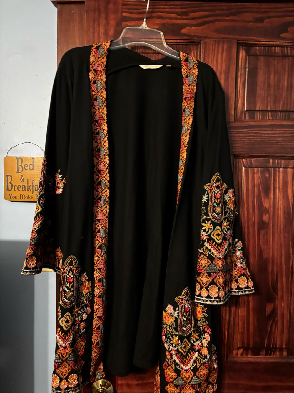 Soft Surroundings Black Kimono with Multicolor Embroidered Trim